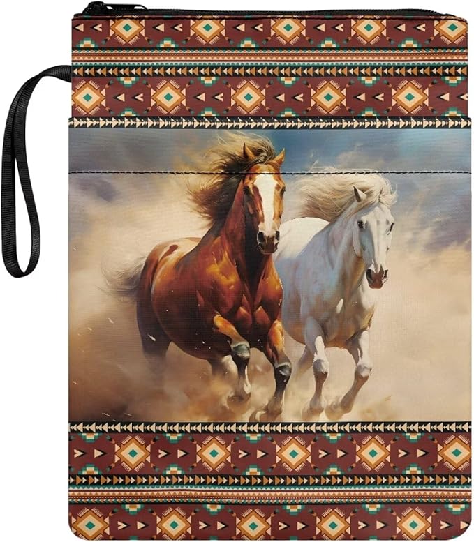 COEQINE Aztec Horse Book Covers Kids Hardcover Book Cover with Pockets Western Animal Book Sleeves with Pocket Book Organizer Pouch with Chain Portable
