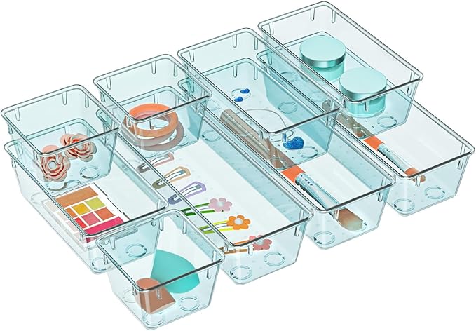 WOWBOX 9 Pack Clear Drawer Organizer Set, Acrylic Drawer Storage Trays, Storage Bins for Makeup, Cosmetics, Jewelries, Utensils, Gadgets, Office, Sea Blue
