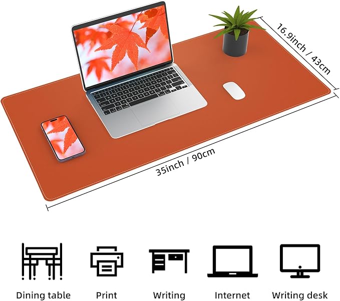 Leather Desk pad Protector, Large Desk mat with Natural Cork & PU Leather,Mouse pad,Non-Slip Office Desk Mat,Waterproof Desk Writing Pad for Office and Home (35in*17in, Orange)