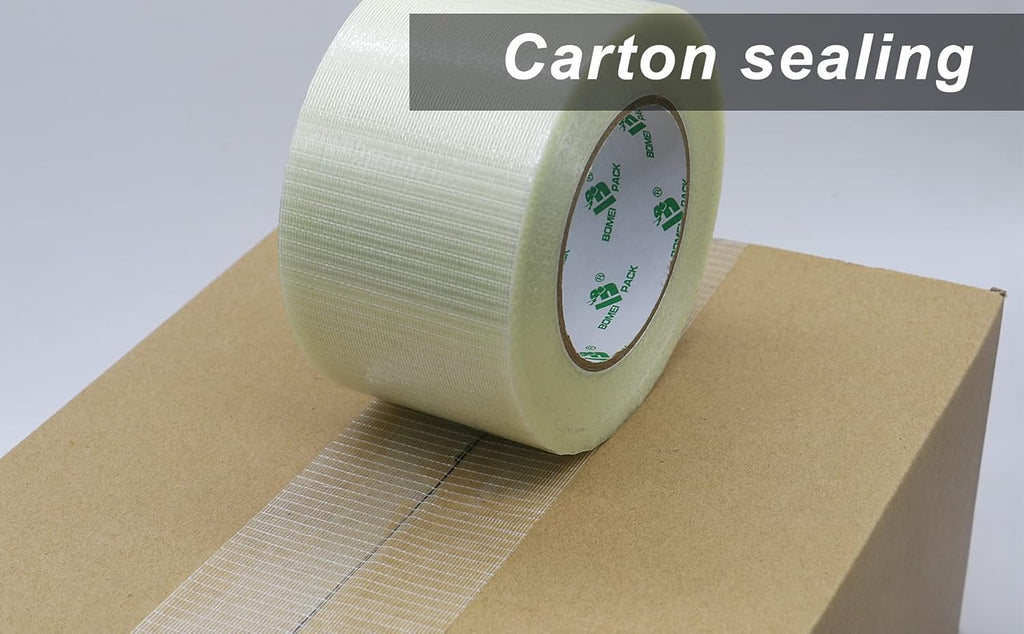 BOMEI PACK Fiber Reinforced Packing Tape, Clear Bi Directional Filament Strapping Tape 3Inch x 55yds 6.7Mil, Total 110yds