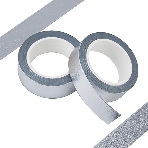 QDiShi 2 Rolls Silver Washi Tape for Wall Decor Decorative,Foil Masking Tape Low Tack Self Adhesive Decorative Washi Tape Metallic Washi Tape 0.59in x66FT Shiny Metallic Color(Silver)