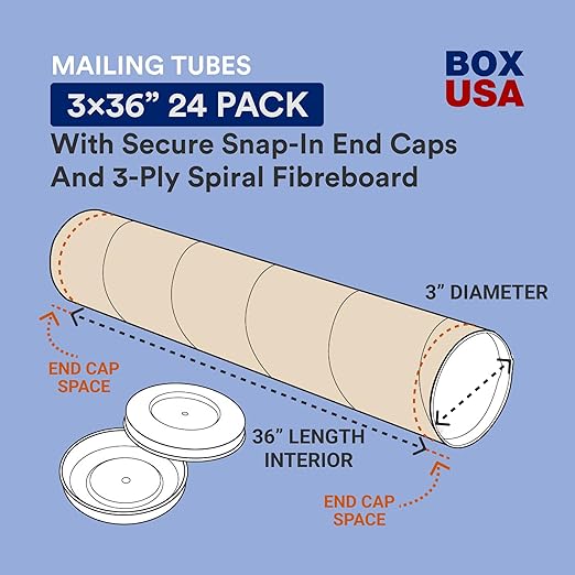 BOX USA Cardboard Tubes with Caps, 36"L x 3"W x 3"H, Pack of 24 | Poster Tube for Mailing and Storage of Blueprints, Artwork, Crafts, Long Art Holder, 36 inches