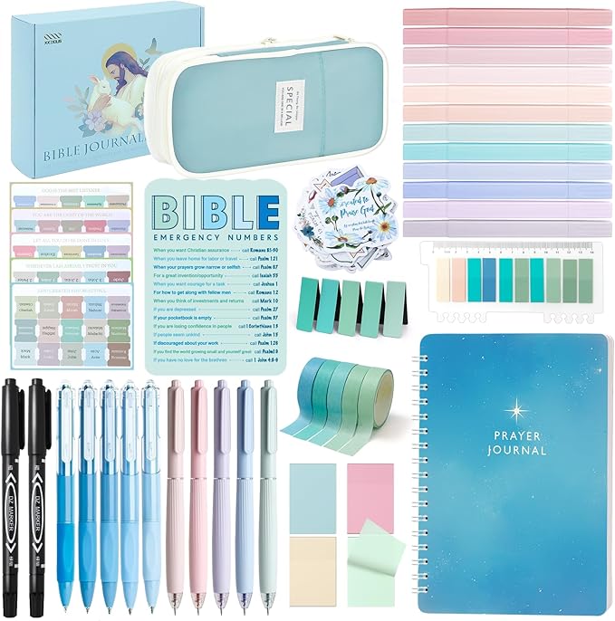 XKDOUS Bible Study Supplies Journaling Kit for Women, Bible Study Kit, Bible Study Tools with Prayer Journal Pencil Case Bible Accessories, Christian Gifts for Women, Blue