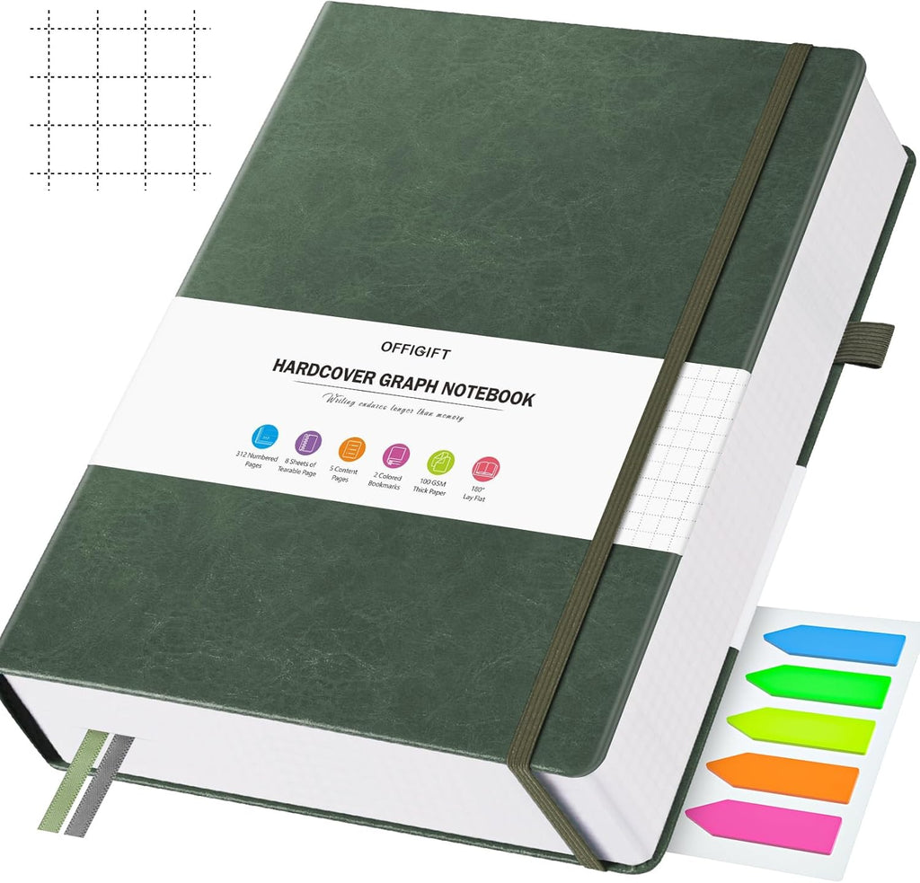 Graph Paper Notebook, 312 Numbered Pages B5 Hardcover Leather Journal, 100gsm No Bleed Grid Paper Notebook with Index Pages, Grid Notebook for Graphing Notes Math, 7.6'' X 10'', Green