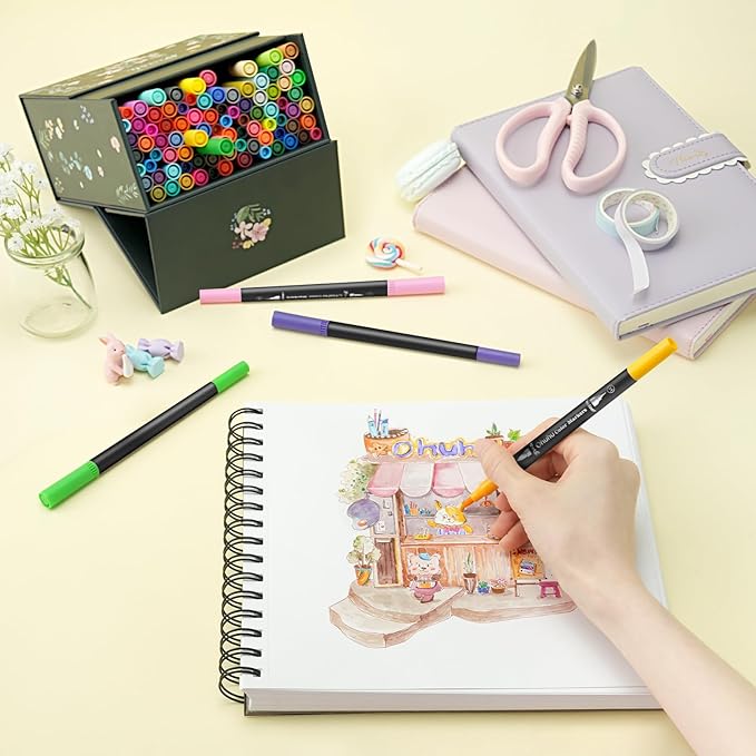 Ohuhu Markers for Adult Coloring Books No bleeding 100 Colors Coloring Markers Water-based Dual Tips Fineliner & Brush Drawing Pens Art Markers for Kids Adults Sketch Journal - Maui - Black