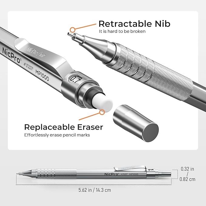 Nicpro Metal Mechanical Pencil Set, 5 PCS Art Drafting Pencils 0.3, 0.5, 0.7, 0.9 mm & 2mm Graphite Lead Holder For Sketching Drawing With 9 Tubes (4B 2B HB 2H Colors) Lead Refills Erasers Case
