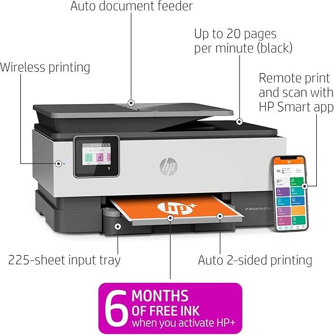 HP OfficeJet Pro 8025e Wireless Color All-in-One Printer with bonus 6 free months Instant Ink with HP+ (1K7K3A), Gray