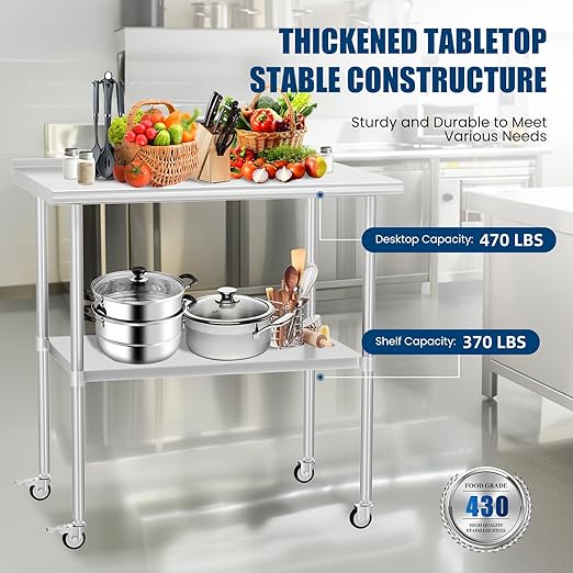 Stainless Steel Table with Wheels 30 x 36 Inches Metal Prep Table with Backsplash & Adjustable Undershelf, Stainless Table for Commercial Kitchen, Outdoor, Restaurant, Hotel & Garage