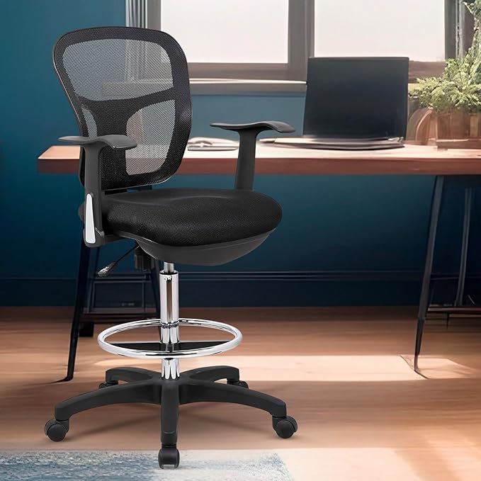 OfficeFactor Drafting Chair Tall Office Chair with Arms Executive Ergonomic Standing Desk Chair with Anti Scratch Wheels and Footrest