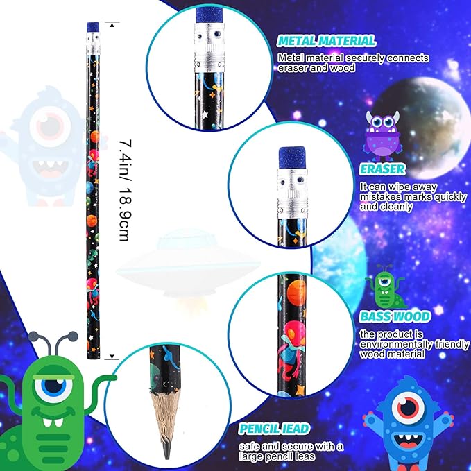 Geyee 36 Pcs Space Pencils Hawaiian Shark Themed Party Favors Assorted Novelty Fun Wood Writing Pencils with Erasers for Birthday Party Teacher Supplies(Space)