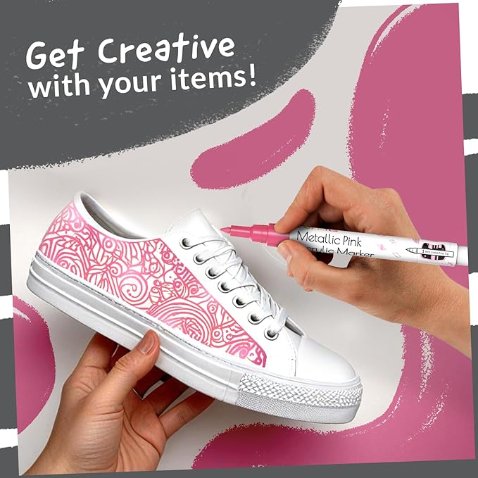 5 Acrylic Metallic Pink Paint Pen - Extra Fine Tip, Thin & Jumbo (1mm, 3mm, 6mm, 10mm, 15mm) - Paint Markers for Metal, Rocks, Plastic, Canvas, Wood, Fabric, Tire, Glass. Pink Permanent Marker