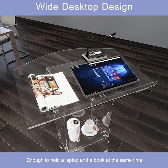 Acrylic Podium Stand With Storage Shelf,Segmented Transparent Lecterns & Podiums,Pulpits For Churches、Conference、Speeches、Weddings、Classroom、Concert,47" H Professional Presentation Podiums