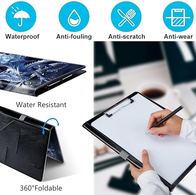 PU Leather Padfolio Clipboard Notepad with Pen Loop and Elastic Strap Interview/Resume Document Organizer for Business School Office,Blue Dragon