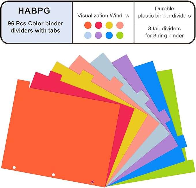 HABGP 96Pcs/12 Set 8 Tab Dividers for 3 Ring Binder, 96 Pcs Multicolor 3 Ring Binder Dividers with Tabs, Page Folder Dividers, Plastic Tabbed File Dividers with Tabs, Three Ring Binder Index Dividers