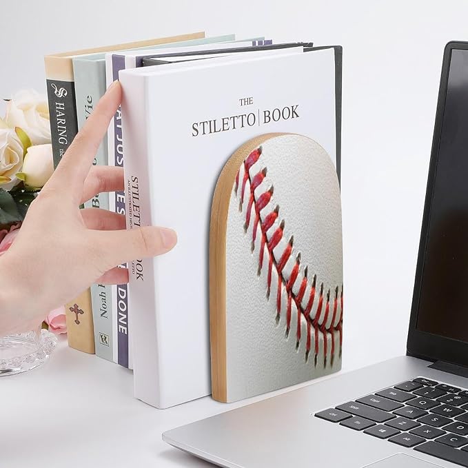 Sport Ball Baseball Lace Wooden Large Book Ends Bookends for Shelves, 2 Pack Non-Skid Bookends for Heave Books, Book Stoppers Holders for Kitchen Office Library, 6.7x4.7x3.9in