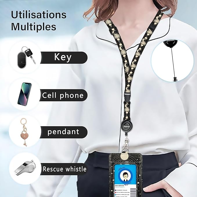 bolimoss Sun and Moon Badge Holder with Retractable Reel and Detachable Lanyard Strap Leather Name Card Protector Adjustable Key Lanyards for Women Nurse Teacher Student