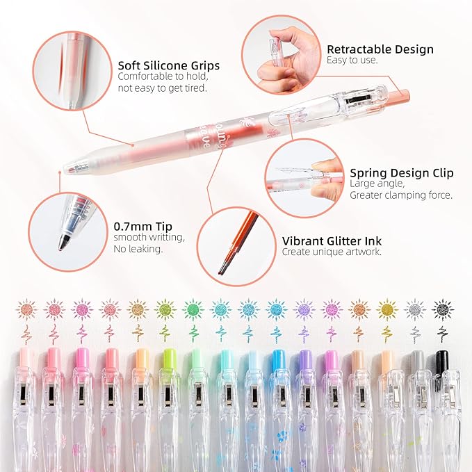 Glitter Gel Pens, 16 Assorted Colors Sparkle Gel Glitter Pens, 0.7mm Fine Tip Retractable Colored Glitter Pens for Adults Journaling Coloring Drawing Doodling (16 COLORS)…