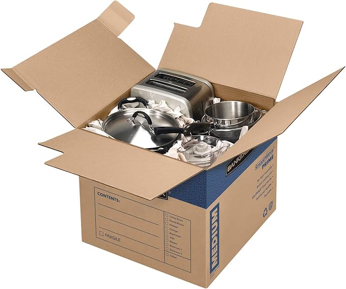 Bankers Box Medium Prime Moving Box 8 Pack, Reinforced Handles, Tape-Free Assembly, Attached Lid, 18-in x 15-in x 14-in (0062806)