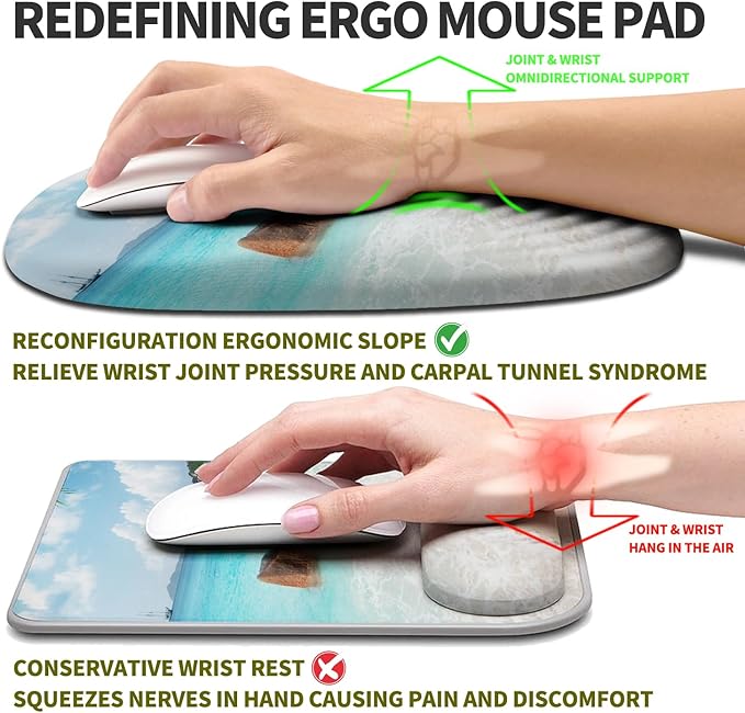 Hokafenle Ergonomic Mouse Pad Wrist Support, Terraced Slope Carpal Tunnel Wrist Pad for Mouse with Unibody Memory Foam, Wrist Rest Pain Relief Mousepad (Beach, 11.8x7.9 in)