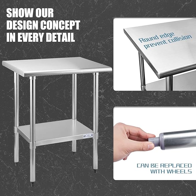 Hally Stainless Steel Table for Prep & Work 24 x 30 Inches, NSF Commercial Heavy Duty Table with Undershelf and Galvanized Legs for Restaurant, Home and Hotel