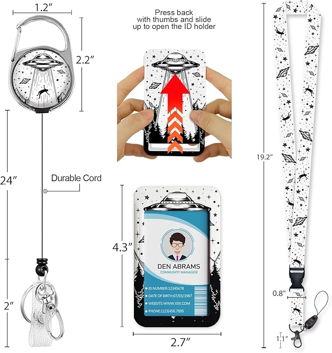 Lanyards for Id Badges, Badge Holder with Retractable Badge Reel Clip, Art UFO Night Work Card Name Tag Keychain Lanyard Vertical ID Card Protector for Women Nurse Doctor Teacher Student