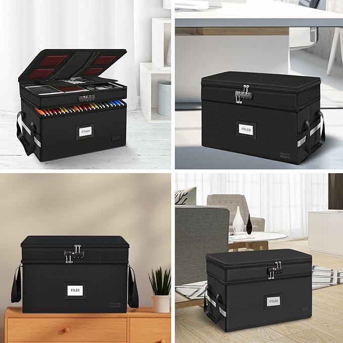 ETRONIK Large Fireproof Document Box with Lock, 2 Layer File Organizer, Portable Office Collapsible File Storage with Reflective Strip for Hanging Letters, Legal Size Folder, Certificate