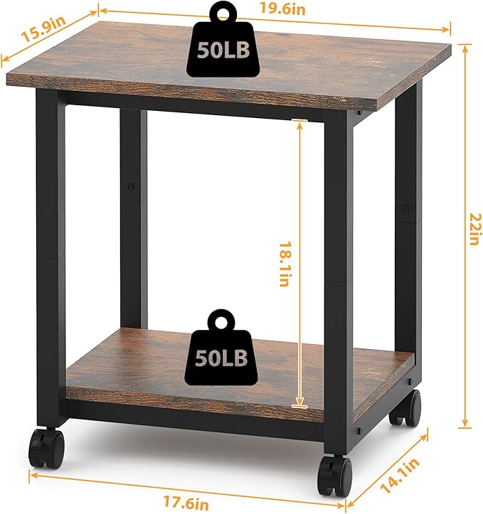 Under Desk Printer Stand, 2-Tier 19.5''x 16''x 22'' Rolling Printer Stand Storage Shelves for Printer, Scanner, Fax Machine, Files, Books with Anti-Skid Feet for Home, Office, Brown