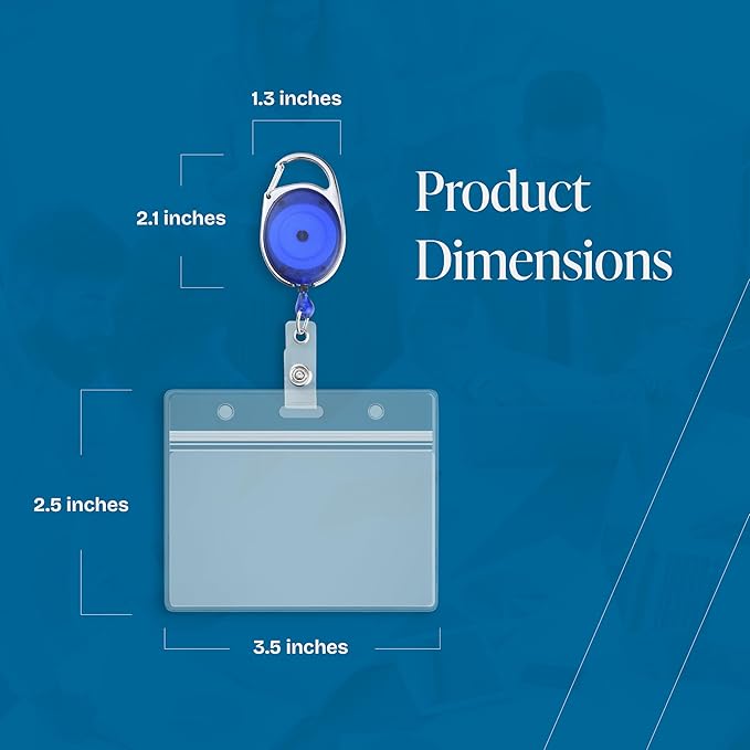 Will Well ID Badge Holders with Clip and Keyring - Horizontal Clear Plastic 3.7" x 2.5" Sleeves Fit Up to 3 Cards - Retractable 24" UHMWPE Fiber Pull Cords - 2-Pack, Transparent Blue Reels