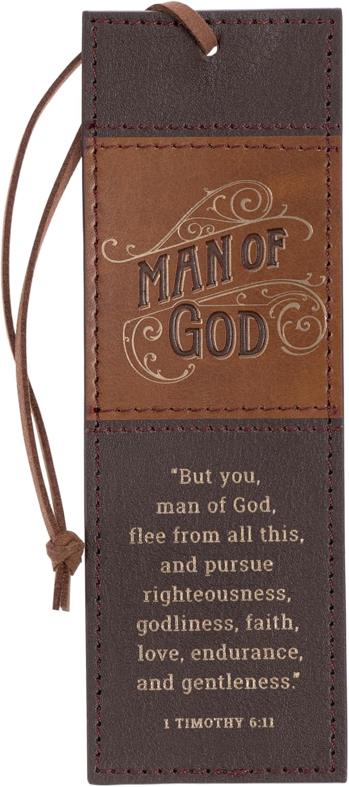 Christian Art Gifts Premium Inspirational Scripture Vegan Leather Bookmark for Men: Man of God Encouraging Bible Verse, Knotted Cord, Gold Text, Sturdy Slim Book Reading Accessory, Light & Dark Brown