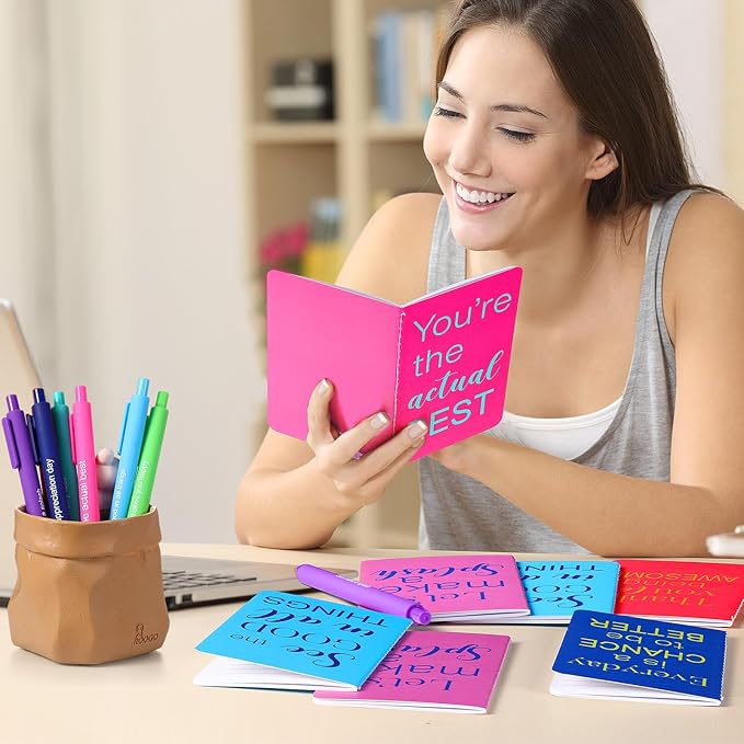Funrous 32 Pcs Motivational Quote Pens Inspirational Notepads Mini Journal with Ballpoint Pen Small Notebooks Gift Set for Men Women Coworkers, Adult Party Favors Prizes Gift Bulk(Stylish)