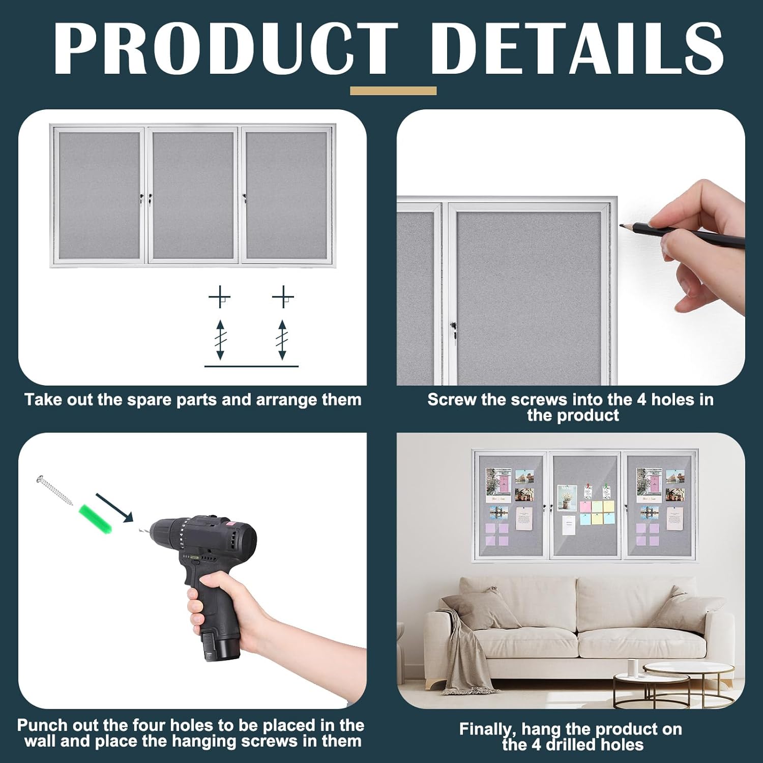72" x 36" Enclosed Bulletin Board Outdoor 3 Door Weatherproof Tamper-Proof Enclosed Cork Board with Lock Aluminum Frame Display Case for Back to School, Office Commercial, 18xA4(Gray)