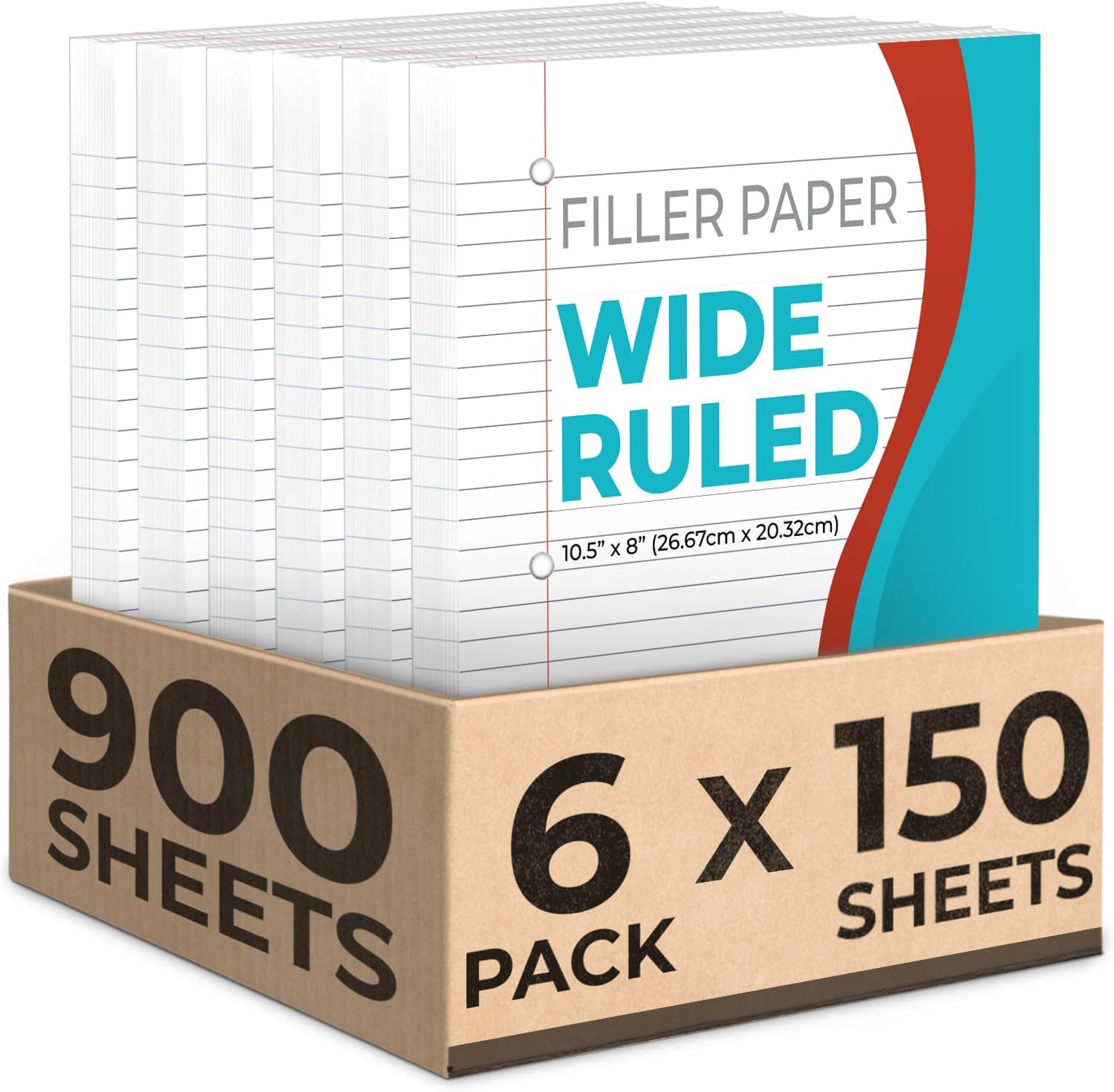 Loose Leaf Paper, 900 Sheets, 6 Pack, Wide Ruled, 8" x 10.5", 56 gsm Bulk Office Filler Sheets, 3 Hole Punched, 150 Sheets/Pack, Wide Ruled for 3 Ring Binder, Notebook Paper, White