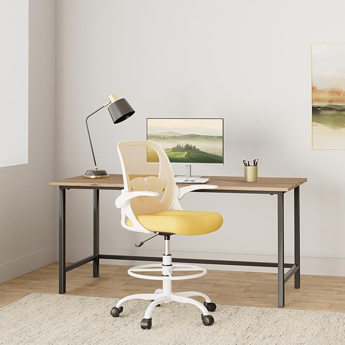 Primy Drafting Chair Tall Office Chair with Flip-up Armrests Executive Ergonomic Computer Standing Desk Chair with Lumbar Support and Adjustable Footrest Ring（Yellow）