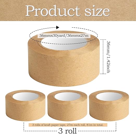 3 Pack Water Activated Gummed Kraft Paper Tape, Brown Kraft Gum Tape for Picture Framing Secure Packing, Heavy Duty Adhesive - 36mm x 89yd