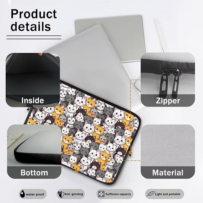 Cartoon Cats Printed Laptop Bag for Women Men, 12 Inch Laptop Sleeve Case Water Resistant Neoprene Computer Case Bag Laptop Briefcase Tablet Briefcase Carrying Bag, Multicolor
