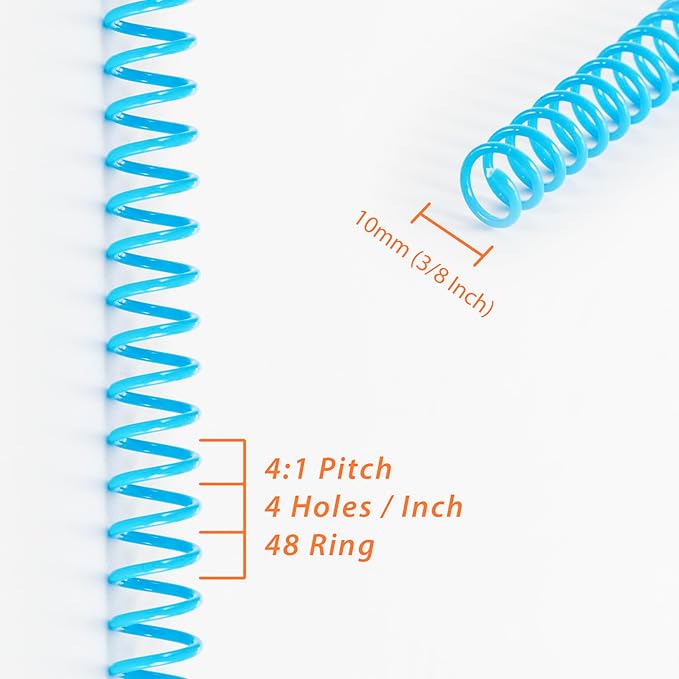 TOTiyea 50 Pack Plastic Spiral Binding Coils, 3/8 Inch (10mm), 4:1 Pitch, Assorted Colors, Plastic Binding Spirals (Red, Orange, Yellow, Blue, and Green)