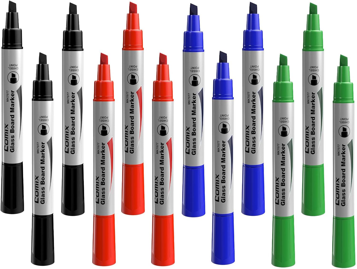 Comix Glass Board Dry Erase Markers, Low Odor Whiteboard Markers, Chisel Tip, 4 Assorted Colors, 12 Pack