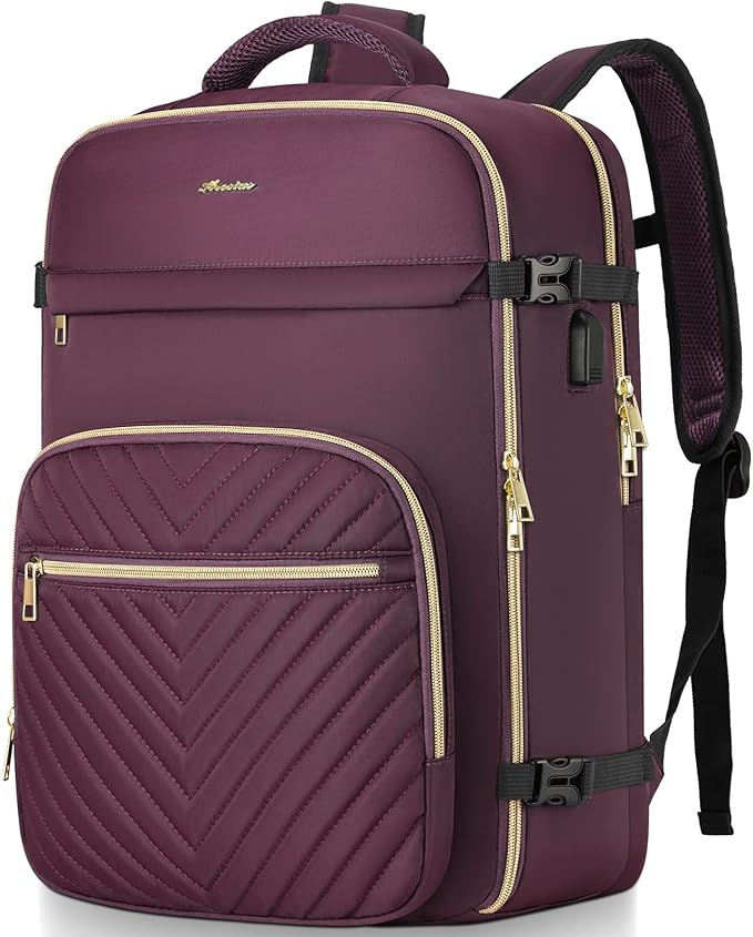 Travel Backpack for Women, Carry On Backpack for Airplanes Flight Approved, Waterproof Large Weekender Overnight Bag Fit 17 Inch Laptop with USB Charging Port, Dark Purple