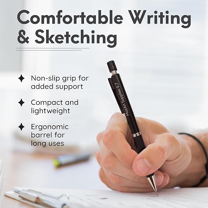 MozArt Mechanical Pencil 0.7mm Set with Case - With 2 x 30 HB Lead Refills, Eraser Pen With Refills -Sketch, Architecture, Drafting, Art, Drawing Supplies, Metal Mechanical Pencils