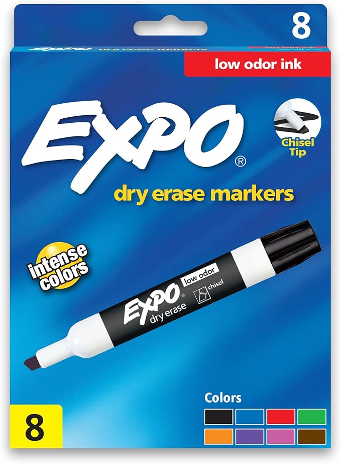 EXPO Low Odor Dry Erase Markers, Chisel Tip, Assorted Colors, 8 Count