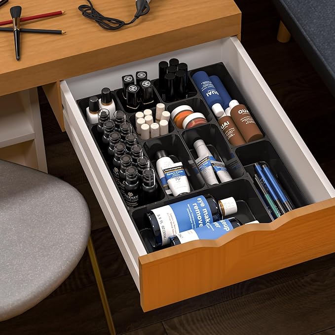 25 pc Plastic Drawer Organizer Set,4 Size Small Storage Containers for Organizing Jewelry,Utensil,Junk,Tea,Makeup,Shallow Drawer Organizers Tray Suitable for Office,Desk,Bathroom,Vanity,Kitchen,Black