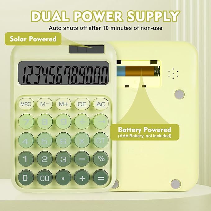 Mechanical Switch Calculator with Big Buttons, Calculators Desktop, 12 Digits, Solar Battery Power, Desk Calculator, Large LCD Display, Cute Green Calculator for Teachers Students Basic Office
