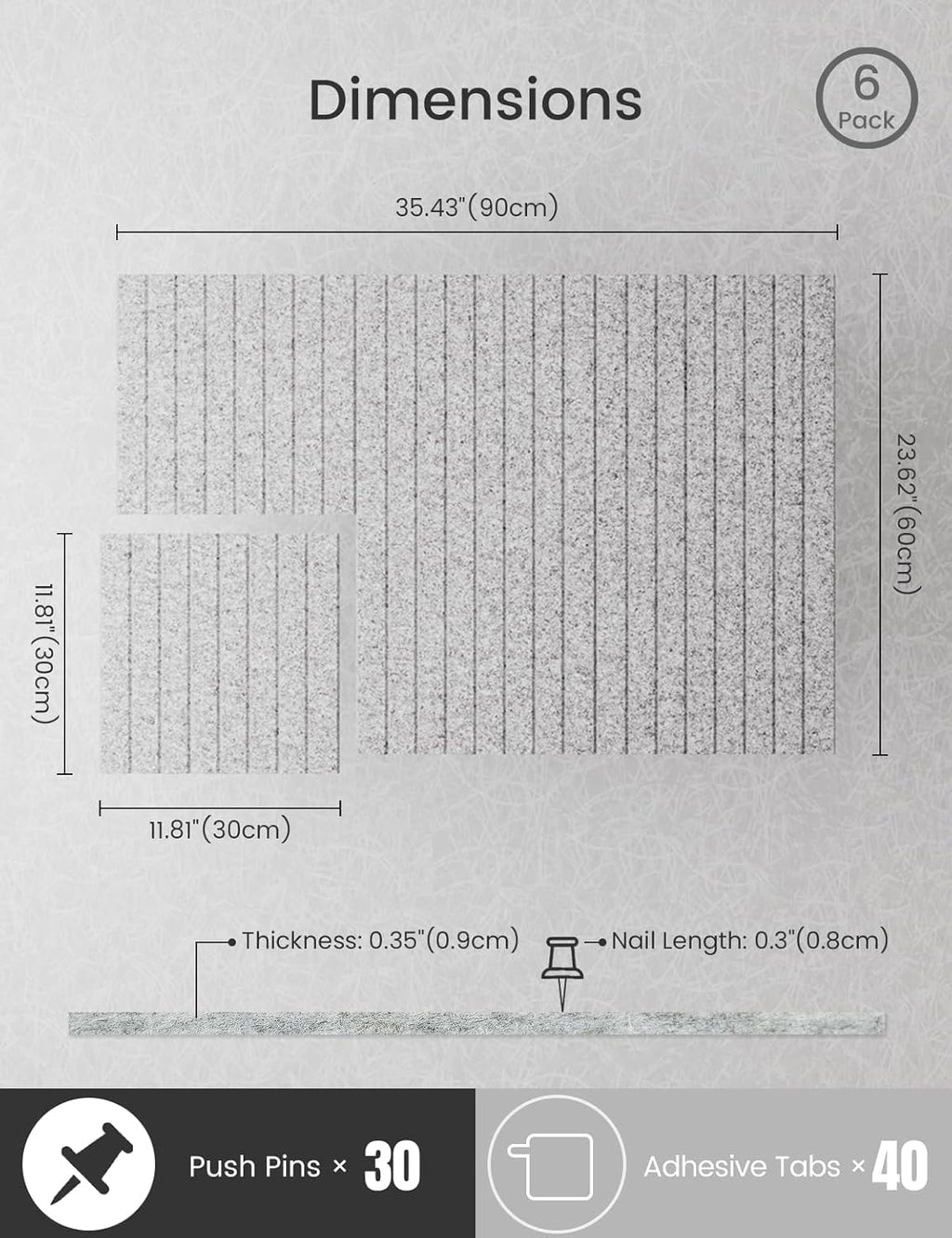 Bumusty Large Cork Board Alternative-36 x24 Felt Bulletin Board Tiles, with 30 Pushpins, 40 Adhesive Tabs, 6-Pack Slat Wall Paneling, Cork Boards for Office Push Pin Board Felt Board-Marble Gray