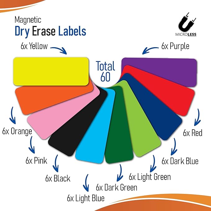 Dry Erase Magnetic Labels 60 Pcs Colorful Magnets - 3.2x1.2inches, Best for Classroom, Home, Kitchen, Office & Craft – Reusable Magnetic Dry Erase Labels with Strong Adhesion in 10 Colors