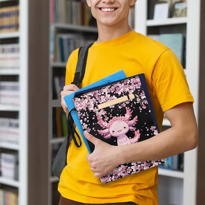 COEQINE Axolotl Flower Book Covers for Girls Large Capacity Book Sleeves Cover with Zipper Portable Book Cherry Blossom Book Pouch Case