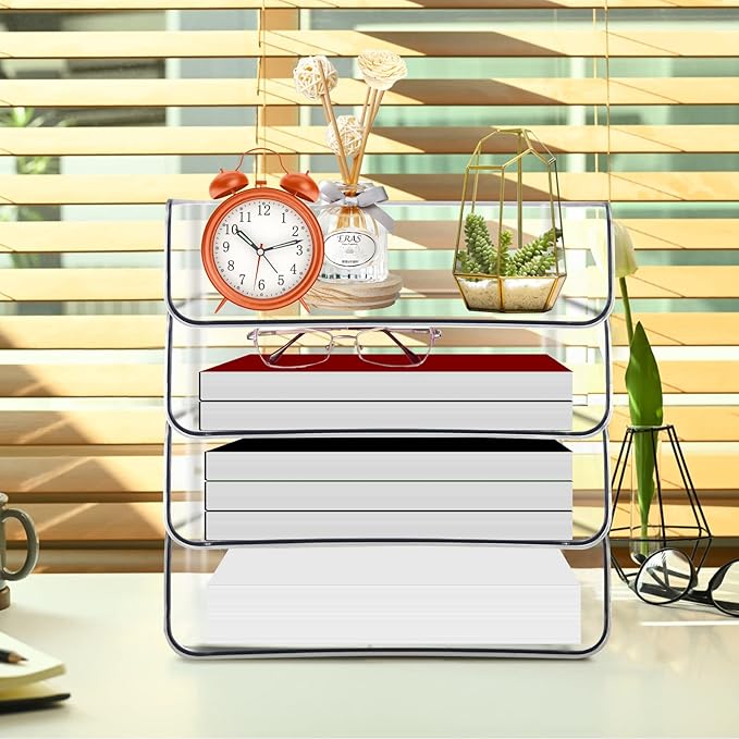 Stackable Paper Trays, 4 Tier Desktop File Organizer, Letter Tray for Office Supplies, Magazine
