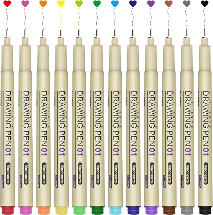 Muchcute 01 Micro Fineliner Drawing Art Pens: 12 Colors 0.25mm Extra Fine Point Bible No Bleed Smooth Journal Zentangle Study Supplies Colored Waterproof Line Ultra Needle Tip Fine liner Thin Gel Felt