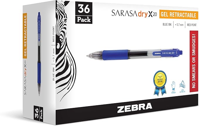 Zebra Pen Sarasa Dry X20 Retractable Gel Pen, Medium Point, 0.7mm, Blue Ink, 36-Pack