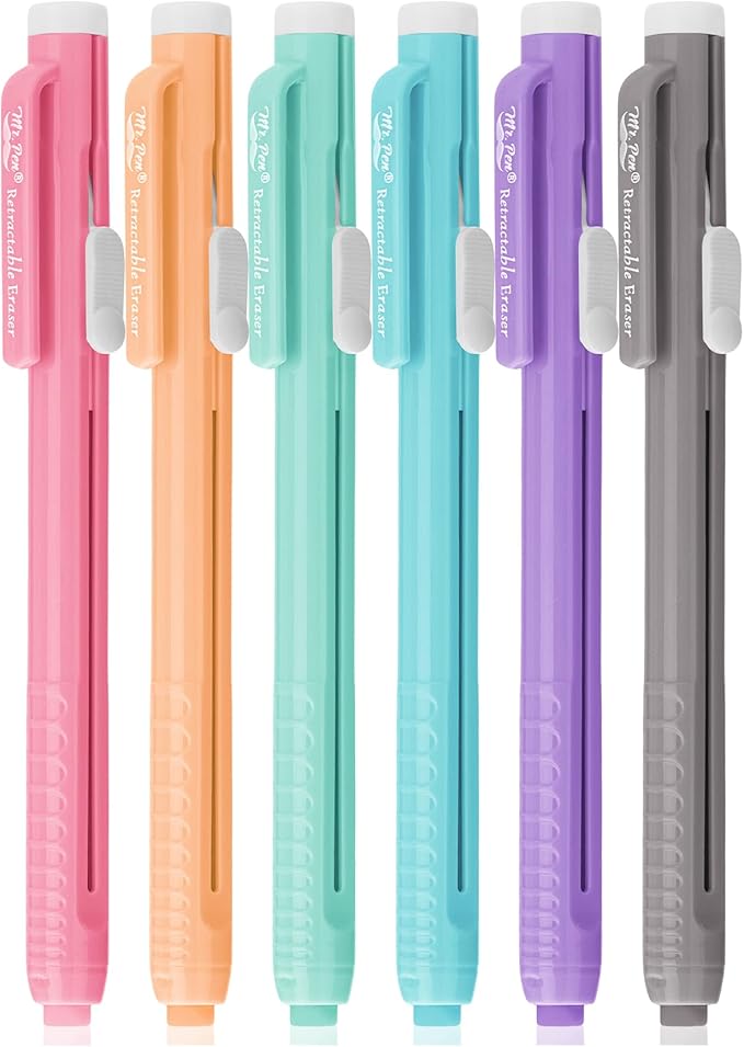 Mr. Pen- Retractable Mechanical Eraser Pen, Pack of 6, Pastel Colored Barrels with Colored Erasers, Pencil Eraser for Pencils, Retractable Eraser Pen, Eraser for Artists, Eraser for Pens