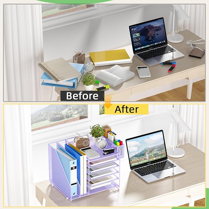 File Organizer for Desk 6 Tier Paper Organizer Letter Tray with File Holder Pen Holder, Mesh Office Desk Accessories & Workspace Organizers (Purple)